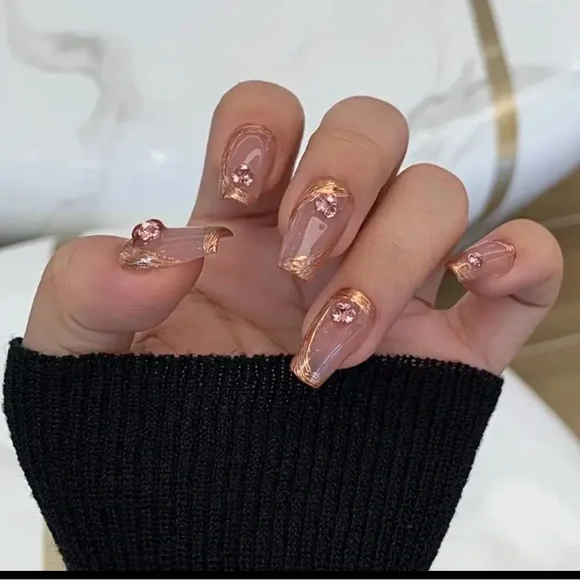 Elegant Pink Diamond & Gold Press On Nail Art reusable medium 10 pc NWT - Picture 3 of 8